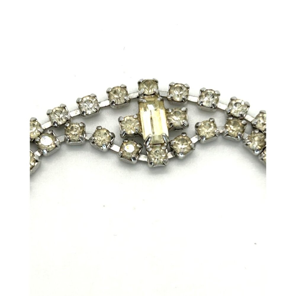 Vintage Clear Rhinestone Bracelet With Double Row Center Baguette Stone 7 Inch - Picture 5 of 10